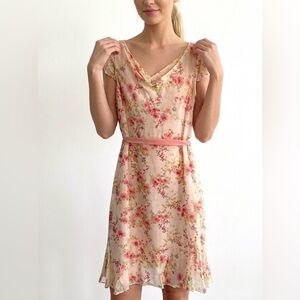 Ann Taylor 100% Silk Floral Midi Dress 🌸 Pink Belt Romantic Feminine Spring